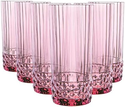 סט שנות ה -20 של בורמיולי רוקו אמריקה של 6 כוסות קירור, 16.5 אונקיות. זכוכית קריסטל צבעונית, ורד לילך, תוצרת