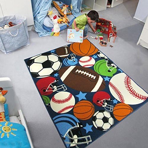 Huahoo Blue Kids שטיחים כיף שטיחים ספורט ניילון בנות בנות בנות שטיחים לילדים דפוסים עם כדור כדורגל, כדורסל,