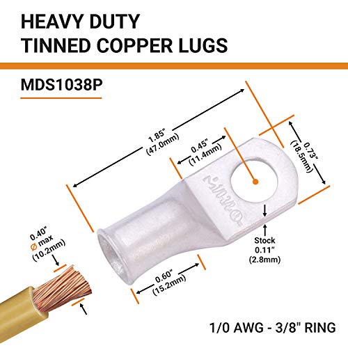 SELTERT 2 PCS 1/0 AWG 3/8 חוט נחושת משומר חוט נחושת, מזוודות סוללה, מסופי טבעת, קצות כבל סוללה, 0 מחברי מסוף טבעת