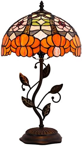 מנורת שולחן טיפאני ישירה, מנורת ויטראז', מנורת שולחן פרח כתום עם 12 שעות 19 אינץ ' ברזל עתיק מתכת עלים