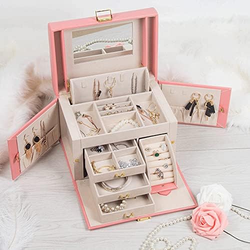 ג ' ינזונבאו קופסא תכשיטים עם מראה, מארגן תכשיטי נסיעות עם חלון זכוכית, אחסון אנכי, מתנות להזמנת