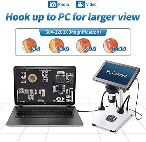 TAUSFILA 7 LCD מיקרוסקופ דיגיטלי 1200X הגדלה עם כרטיס SD 32 ג'יגה-בייט, מיקרוסקופ וידאו 1080p עם מעמד מתכת,