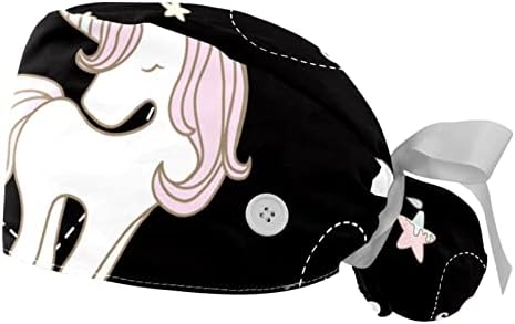 2 חבילה כובע העבודה של נשים עם כפתורים סרט עניבה לאחור מאמינים כי כיסויי שיער ארוכים של חד -קרן חלומות מצוירים