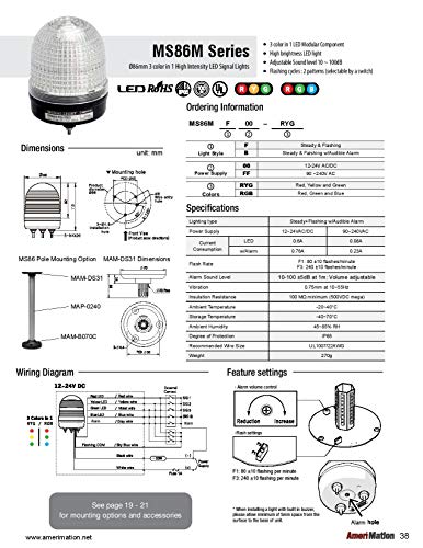 MS86M-F00-RBG, אור אות משואה, עדשת 86 ממ, 3 צבעים באחד, LED, יציב/מהבהב, הרכבה, 12-24V AC/DC