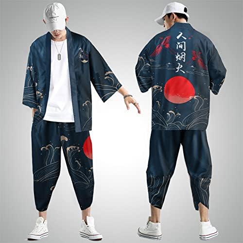 XXBR Mens Kimono סיני סטים רופפים קדמי פתוח עטוף 3/4 שרוול מכנסי קפרי קרדיגן סט יפן תלבושות הדפסים של
