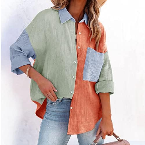 נשים כפתור כפתור למטה חולצה אופנה חולצות שרוול ארוך מזדמן ניגודיות בצבע בנות עליונות בנות צוואר צוואר צוואר