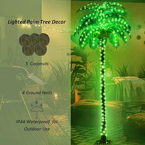7ft מואר עץ דקל צבע משתנה, עץ דקל מזויף מלאכותי עם אורות ירוקים כחולים מרוחקים, עץ דקל LED לפטיו מקורה