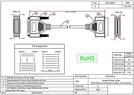 כבל Central LLC DB25 זכר לצנטרוניקה 36 גברים 6 רגל כבל מדפסת מקבילה DB25 ל- CN36 כבל מדפסת סידורית זכר לזכר