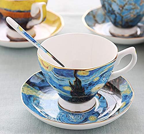 Ybk טק עצם כוס סין וסט צלוחית, כוס תה 7oz - עיצוב בהשראת ציוריו של ואן גוך