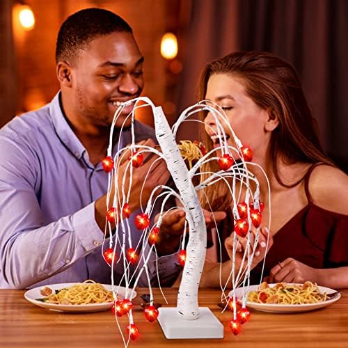 עיצוב אורות יום האהבה, 18 אינץ 'עץ ערבה מואר מואר עם לבבות אדומים, סוללה מופעלת ו- USB מופעל על שולחן חג