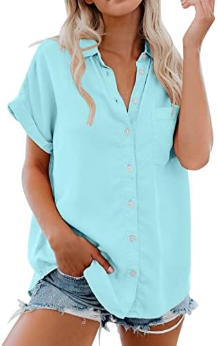 חולצה מזדמנת לנשים שרוולים קצרים בצבע אחיד חולצת טריקו טרנדית יומית כפתור דש קיץ רגוע חולצה נעימה