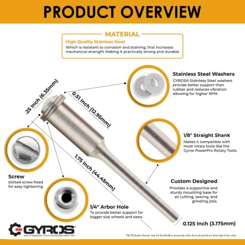 Gyros vist-steel מנדל, 1/8 אינץ ', מתאים לגודל חור ארבור 1/8 . חזק ונטול רטט. משמש להרכבת אביזרים כמו להבי
