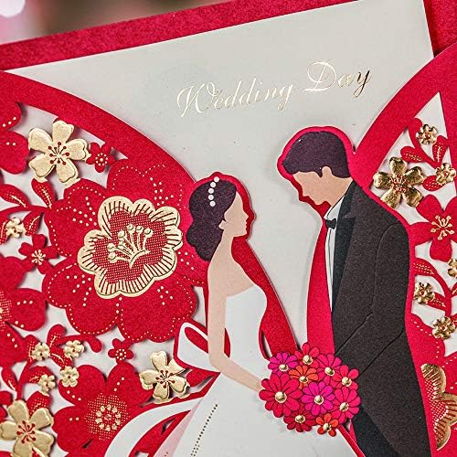 Hosmsua 5x7.3 אינץ '50 pcs ריק לייזר אדום חתוך כרטיסי הזמנות לחתונה עם כלה וכיס פרחי זהב לחתונה