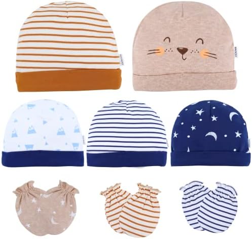 דוקמה סט כפפות וכובעים לתינוק כותנה אורגנית-כפפות ליילוד 0-6 חודשים-אולטרה רך, ללא שריטה - 5 כובעים