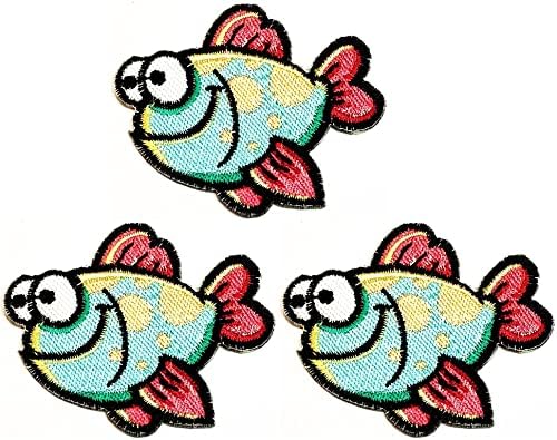 קליינפלוס 3 יחידות. כחול דגים שחייה קריקטורה רקום ברזל על לתפור על תג עבור ג ' ינס מעילי כובעי תרמילי