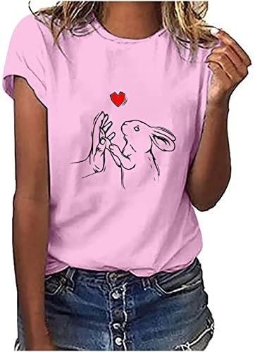 חולצות פסחא מודפסות ארנב חמוד לנשים חולצת טריקו גרפית מזדמנת של צוואר עגול