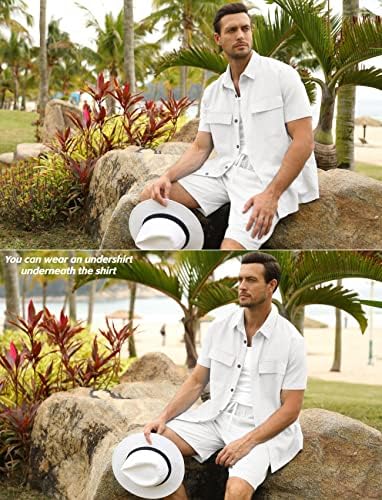 גברים 2 חתיכה פשתן חולצות סטי קיץ חוף תלבושות קצר שרוול כפתור למטה חולצה שרוך רופף מכנסיים קצרים חליפת