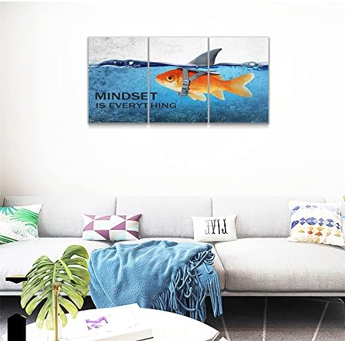 3 חתיכות השראה קיר אמנות-הלך רוח הוא הכל מוטיבציה קיר אמנות בד הדפסי דג זהב חזק כריש מוטיבציה כרזות