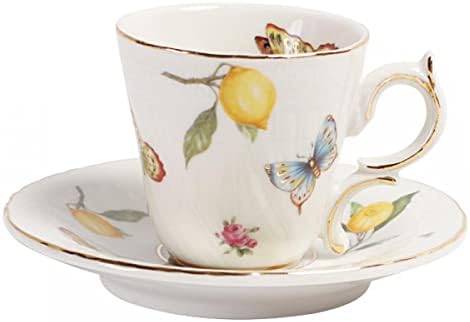 כוס ותחתית פורצלן סיזיקאטו משובצת עיטורי זהב, כוס אספרסו ספל תה 8 אונקיות, תבנית לימון ופרפר