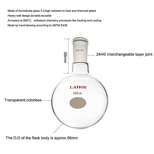 זכוכית לבוי 500 מ ל צוואר יחיד בקבוק רותח תחתון עגול קיר כבד עם 24/40 חימום משותף תגובה קבלת בקבוק כלי