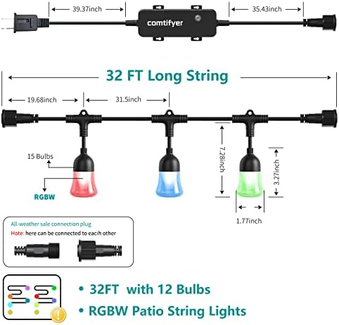 Comtifyer Light Light Light - 32ft RGBW Patio LED אורות מחרוזת LED עם 12 נורות לבנות חמות עם WiFi, App & Diy