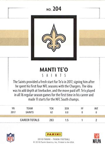 2018 כדורגל Panini NFL 204 Manti Te'o New Orleans Saints כרטיס מסחר רשמי