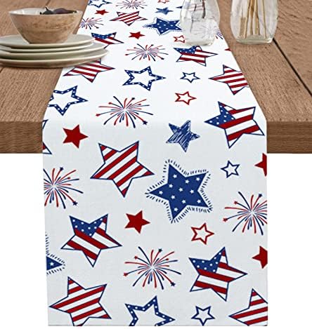 יום עצמאות שולחן שולחן הצעיף שידה, כוכב לבן אדום כחול ותפאורות שולחן יוטה פס, ארהב, רצים שולחן דגל
