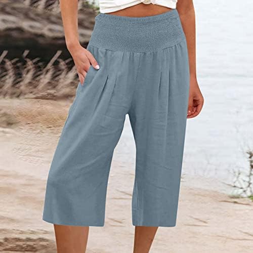 נשים רחב רגליים קצוץ מכנסיים גבוהה מותן קפלים טרקלין מכנסיים קל משקל נוח מכנסיים עם כיסים