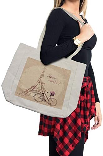 תיק קניות Ambesonne Paris, מגדל אייפל סגנון פרחוני אופניים וינטג 'רומנטיים עם פרחים Bonjour Paris מילים הדפס,