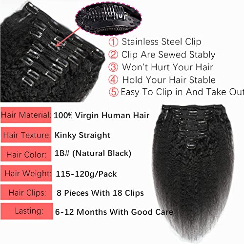 קינקי ישר קליפ שיער טבעי הרחבות יקי ישר קליפ תוספות מלא ראש טבעי שחור קליפ תוספות לנשים שחורות 120 גרם/8 יחידות