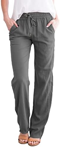 מכנסי פשתן אתקיה לנשים רחבות רגליים אלסטיות מותניים כותנה לבוש פשתן מכתב עם כיסים חותלות לבנות