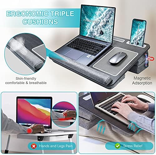 שולחן חיק למחשב נייד, שולחנות חיק למחשב עם כרית מתאים עד 17 אינץ ' מחשב נייד, כרית חיק משולשת מתכווננת