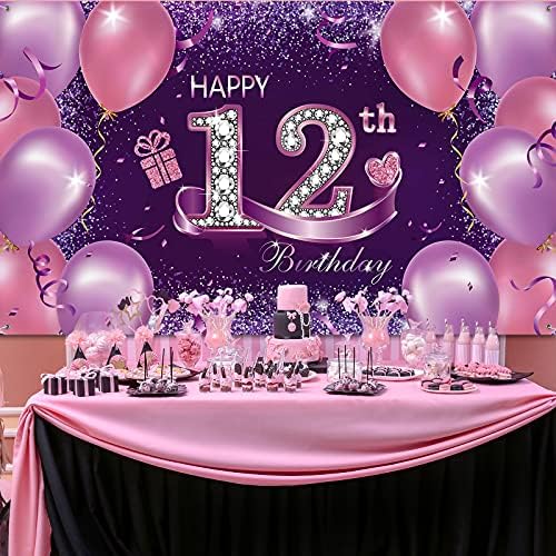 קישוטים למסיבות יום הולדת שמח, בד גדול שמח 12 שנה ליום הולדת באנר פינק סגול פוטו תאי רקע רקע