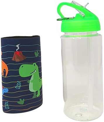 בקבוק מים מכסה ירוק של ילד עם שרוול ניאופרן דינוזאור נשלף, בקבוקי שתייה מהנים לארוחות צהריים בבית הספר או לדרך,