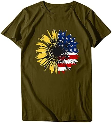 נשים חולצות 4 יולי אמריקאי דגל פרפר / חמניות חולצה צווארון עגול פטריוטית קצר שרוול מזדמן חולצה גרפי