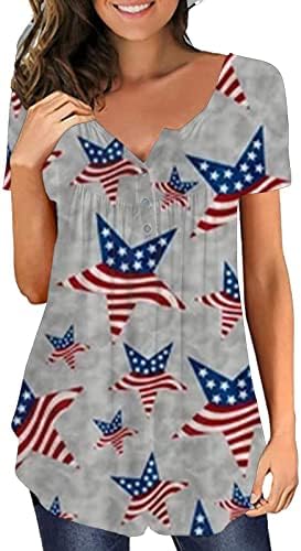 נשים של חולצות קיץ נשים של עצמאות יום הדפסה מזדמן אופנה שרוולים למעלה עם כפתורים בתוספת גודל