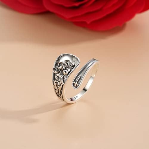 כפית טבעות 925 סטרלינג כסף גותי גולגולת מתכוונן טבעת רוז פרח הצהרת טבעת בציר ויקטוריאני תכשיטי מתנה עבור