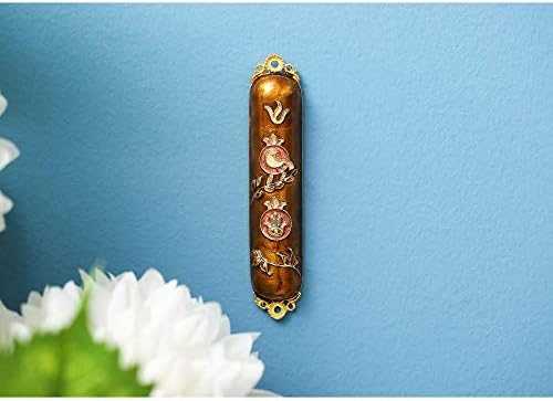 Matashi מצויר ביד אמייל מזוזה מעוטר בעיצוב יונה וחמסה עם גבישי זהב גבישים