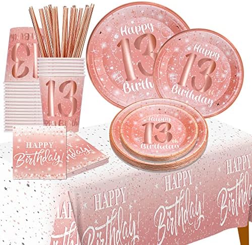 קישוטי יום הולדת 13 לילדות-אספקת יום הולדת זהב ורוד צלחות ומפיות, כוסות, קשיות, מפה, כלי שולחן חד פעמיים ל