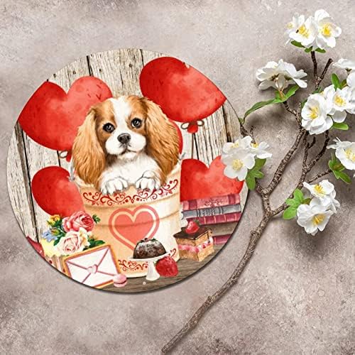 סימן פח עגול של יום האהבה כלב חיות מחמד ורדים ובלוני לב אהבה שלט זר פוסטר מתכת נוסטלגי חדר בית לוחית לסדנת