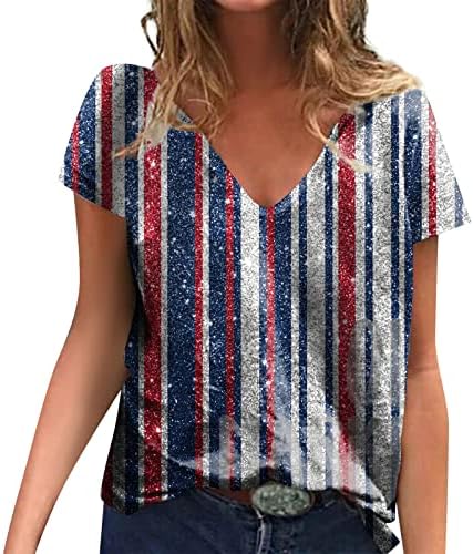 אוקלון נשים חולצות שרוול קצר דגל אמריקאי דגל 4 ביולי גרפי V צוואר צוואר אופנה חולצה חולצות חולצות חולצות טריקו