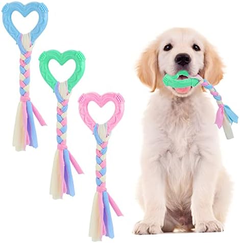 קובי גור צעצועי בקיעת שיניים כלבים קטנים, 3 יחידות 360* עמוק נקי קטן כלב לב בצורת ללעוס טבעת עם