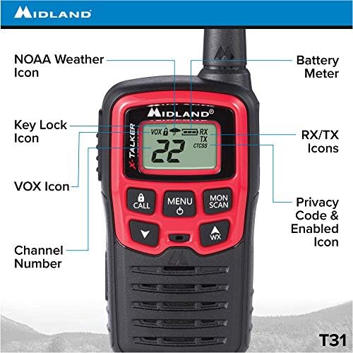 Midland T31VP 22 ערוץ FRS Walkie Talkie - עד 26 מייל טווח רדיו דו כיווני - אדום/שחור