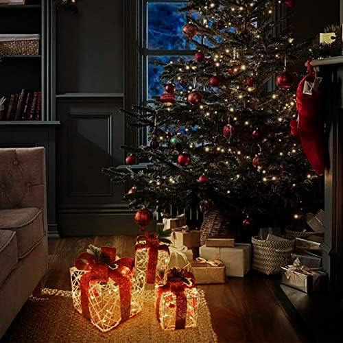 קופסות מתנת סט של 3, סוללה מופעל אור עד הווה קופסות עמיד למים עבור חג המולד עץ, מקורה חיצוני קישוטי חג המולד