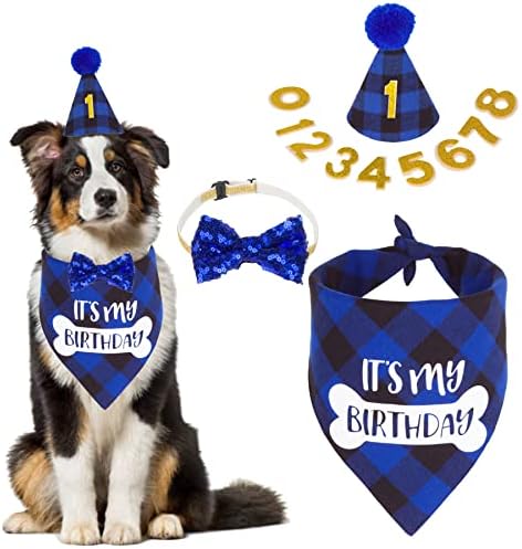 ציוד למסיבות יום הולדת לכלב PTDECOR, כובע יום הולדת לכלב משובץ עם מספרים זה כלב יום ההולדת שלי