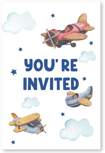 מטוס חמוד של Soiceu הזמנות למסיבת יום הולדת 1 עם מעטפות סט של 20 מטוס נערים מסיבת יום הולדת ראשונה בת שנה