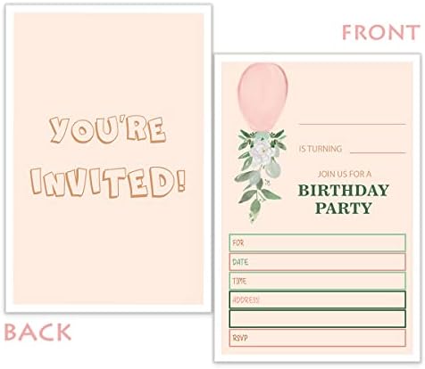 צבעי מים אוקליפטוס הזמנות ליום הולדת עם מעטפות, ציוד למסיבות ליום הולדת בלון פרחוני, נושא ירק בלון ורוד