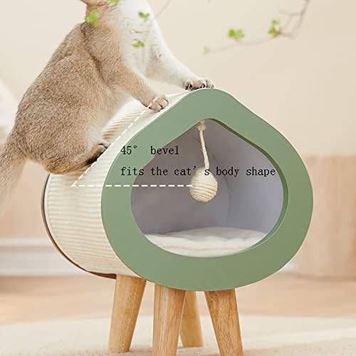 קייג ' קטן מוצק עץ חתול בית עם גדול סיסל משטח קשמיר פנימי כרית, אפרסק בצורת חתול עץ עם ירוק, כחול ולבן