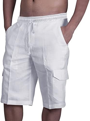 מגיע וונקה גברים של מכנסיים קצרים מטען פשתן מזדמן רופף מכנסיים קצרים מטען אלסטי מותניים שרוך קיץ