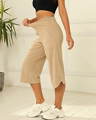 AURGELMIR נשים מזדמנים של נשים יוגה יוגה קפרי מכנסיים בקרת בטן אימון ישר קפלים מכנסי רגל רחבים עם כיס